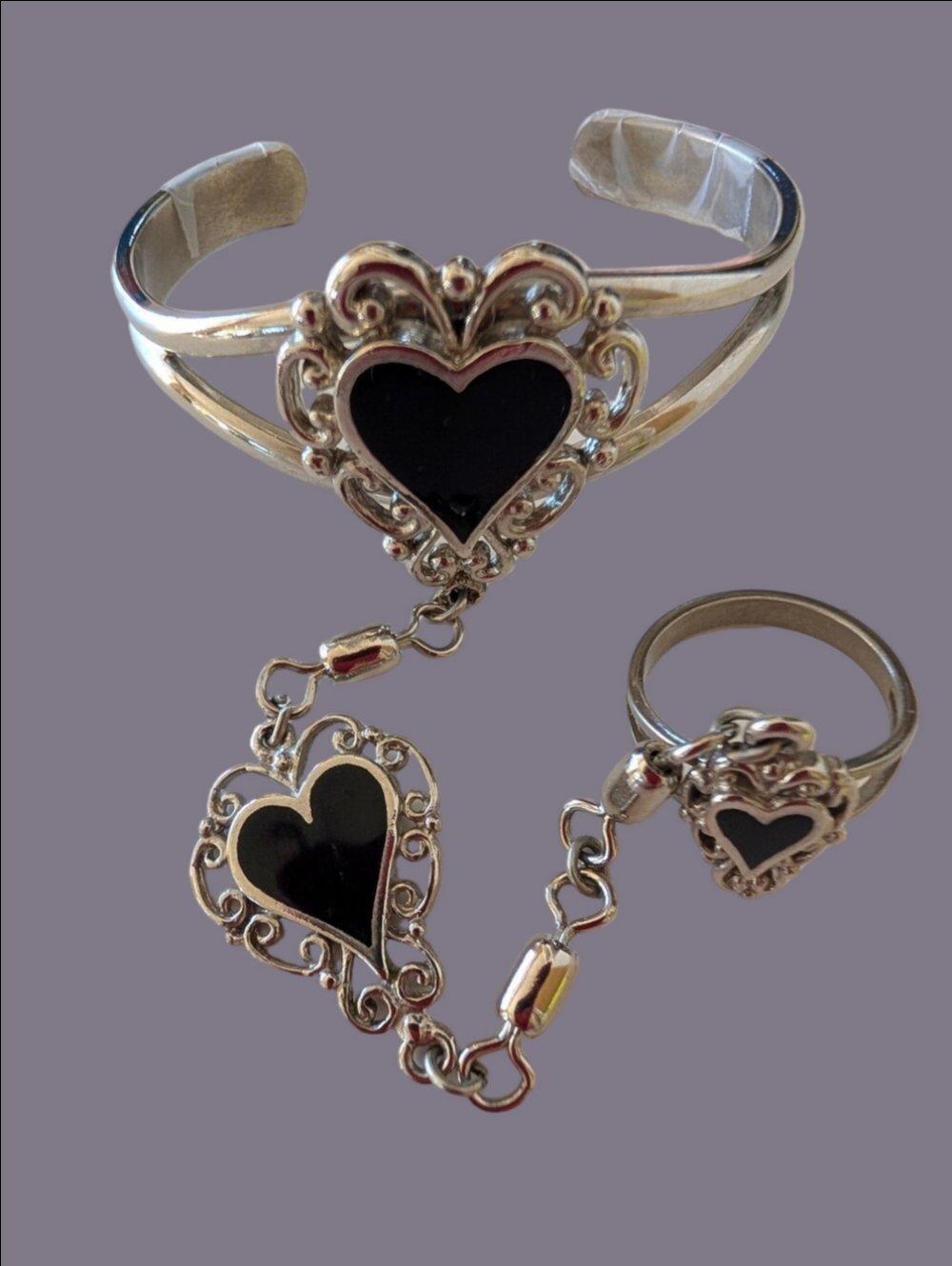 Vintage Victorian Goth 1990s Silver  Black Heart Bracelet and Ring Set